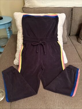 Strapless black Jumpsuit with bright Multicolor Side Stripes